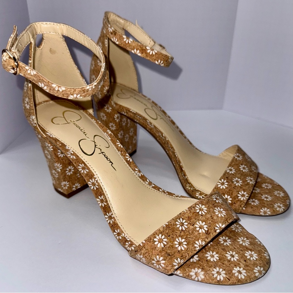 NWOT Jessica Simpson Hazzu Cork Floral Ankle Strap Block Heels